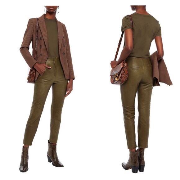 VERONICA BEARD Seth Lamb Leather Pants Womens 00 Olive Green Tapered High Rise - Picture 1 of 16